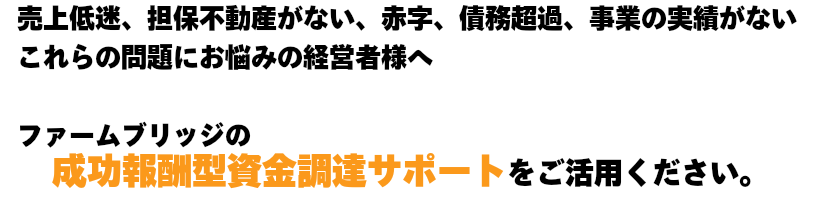 売上低迷 担保不動産がない 赤字 債務超過 事業の実績がない これらの問題にお悩みの経営者様へ ファームブリッジの 成功報酬型 資金調達サポート をご活用ください